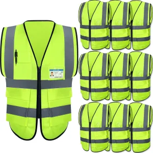 10 Pcs Reflective Safety Vest with Pockets and Zipper High Visibility Vest for Women Men Work, Construction, Cycling
