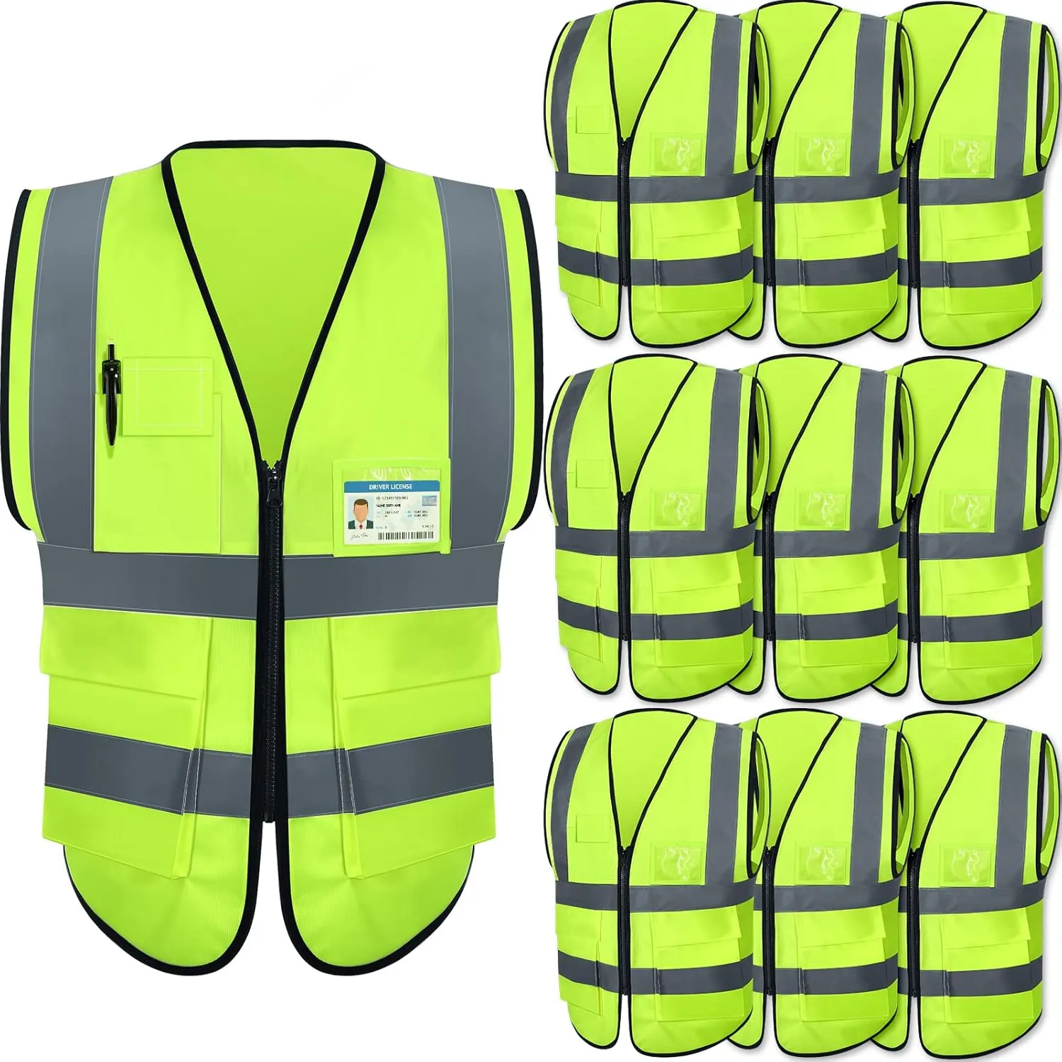 10 Pcs Reflective Safety Vest with Pockets and Zipper High Visibility Vest for Women Men Work, Construction, Cycling
