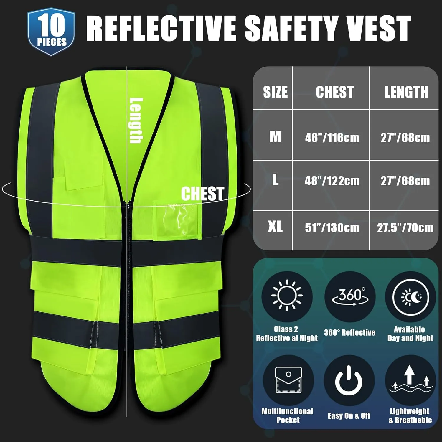 10 Pcs Reflective Safety Vest with Pockets and Zipper High Visibility Vest for Women Men Work, Construction, Cycling