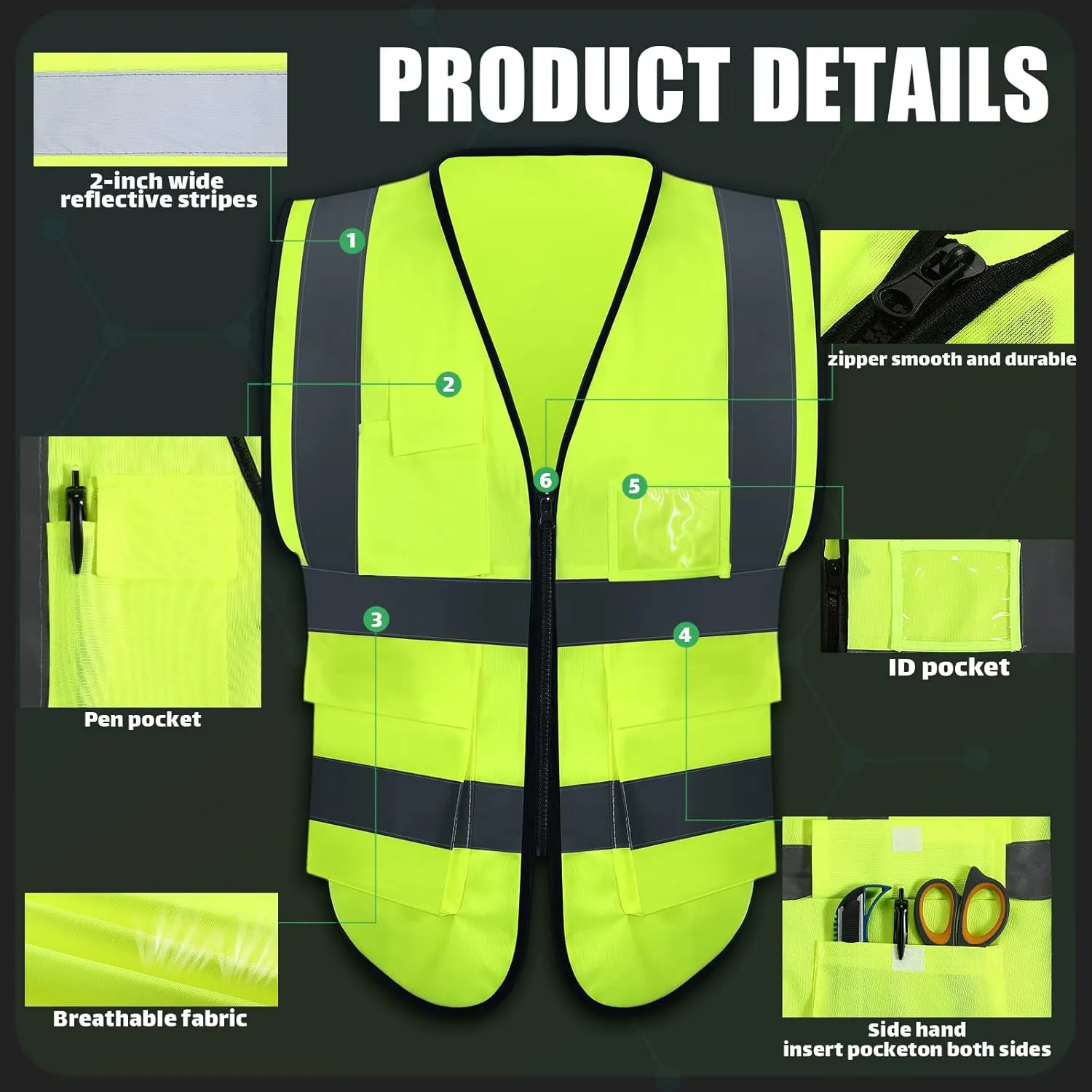 10 Pcs Reflective Safety Vest with Pockets and Zipper High Visibility Vest for Women Men Work, Construction, Cycling