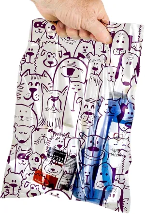 100 Pcs Pet Themed Print Bags — Seamless Pattern Cartoon Dog & Cat, MSP1005 Clear Plastic Scatter Veterinary Treat Bag for Cat & Dog — Goodie Bags w/Handles for Parties — Purple (9 x 9)