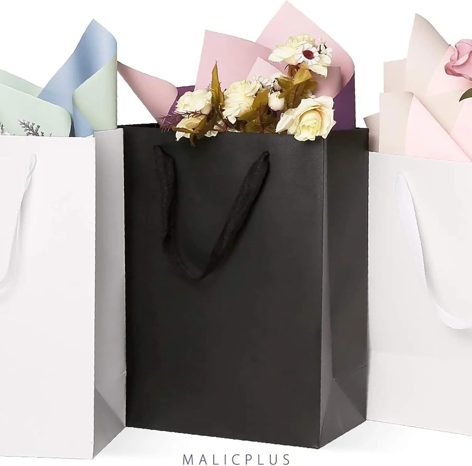 12 Large Gift Bags 10x5x13 Inches, Premium Matte Black Large Gift Bags with Handles for All Occasions (Grain Textured Finish)