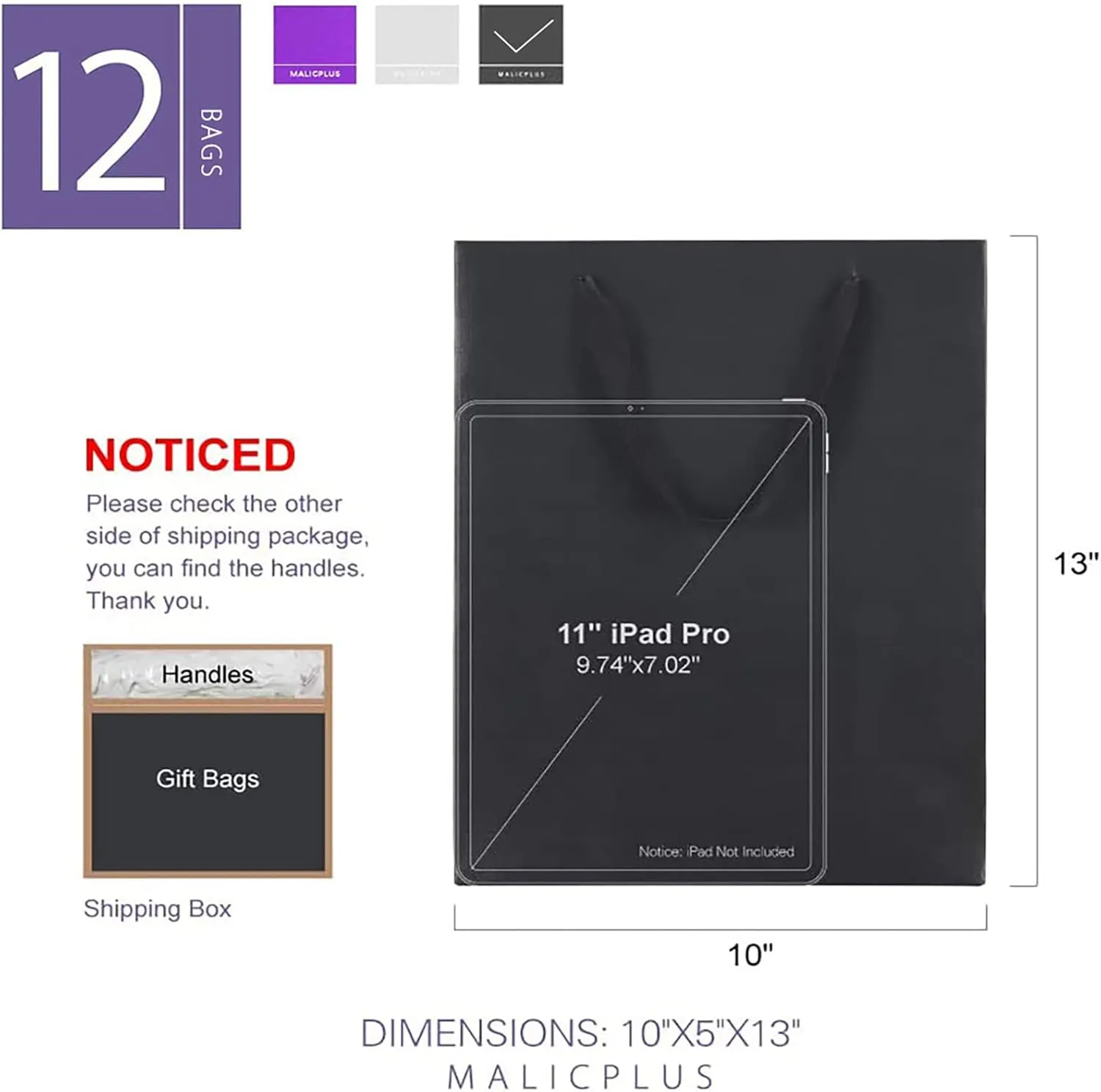12 Large Gift Bags 10x5x13 Inches, Premium Matte Black Large Gift Bags with Handles for All Occasions (Grain Textured Finish)