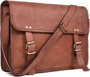 14" Genuine Leather Messenger Bag – Brown Crossbody Satchel for Men & Women, Fits iPad, Small Laptop, Ideal for Work & Travel