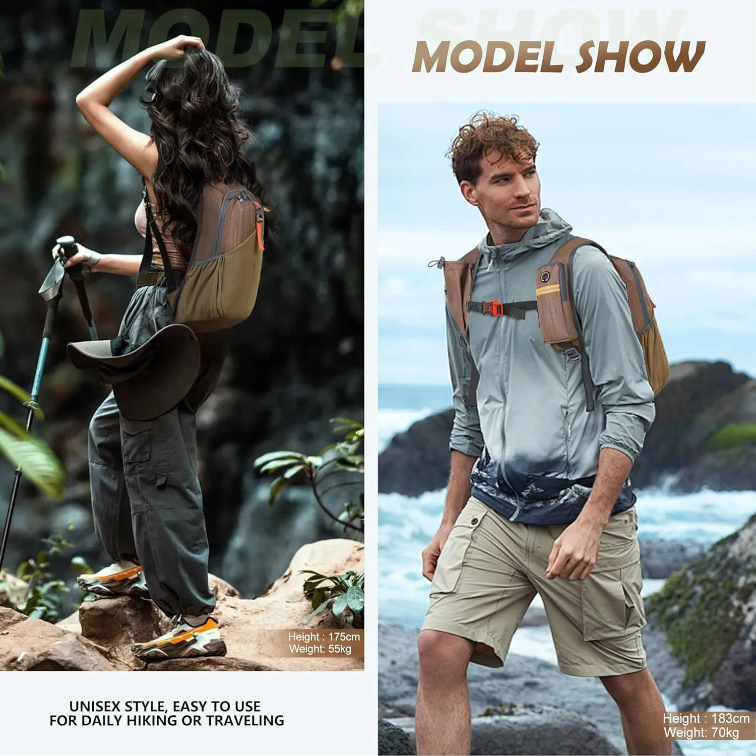 15L Small Hiking Backpack for Men Women Foldable Packable Back Pack Ultralight Hiking Daypack for Travel Camping Outdoor, Chocolate Brown