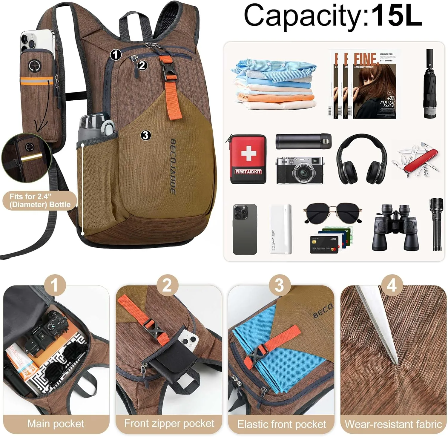 15L Small Hiking Backpack for Men Women Foldable Packable Back Pack Ultralight Hiking Daypack for Travel Camping Outdoor, Chocolate Brown