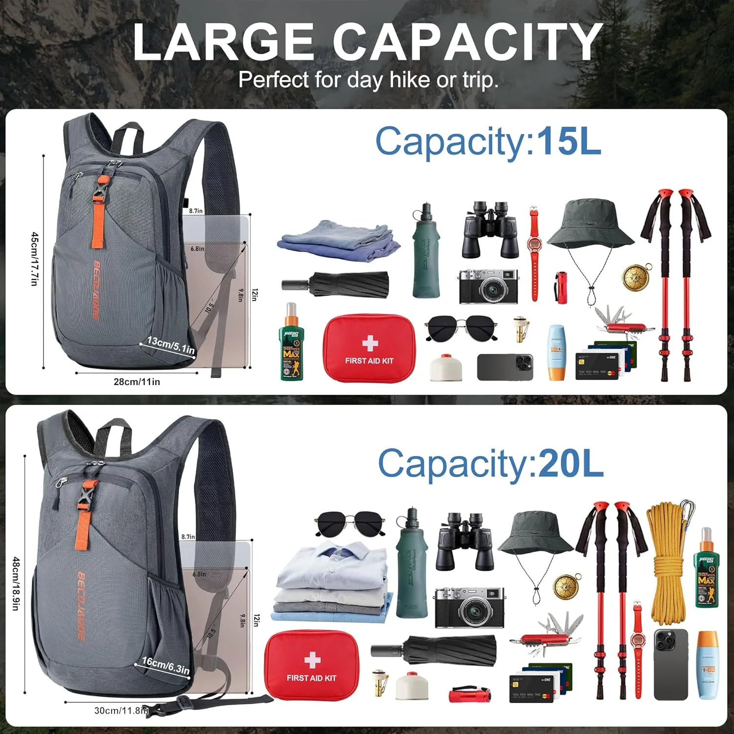 15L Small Hiking Backpack for Men Women Foldable Packable Back Pack Ultralight Hiking Daypack for Travel Camping Outdoor, Gray