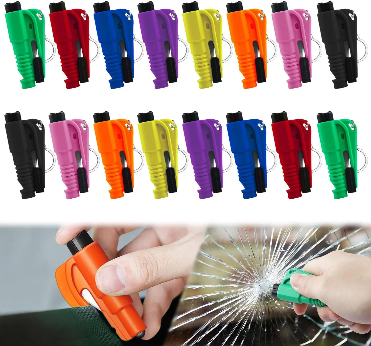 16Pcs Car Window Breaker Key Chains, Portable 3 in 1 Glass Breaker/Seat Belt Cutter/Survival Whistle, Safety Emergency Escape Tools, Multifunctional Car Accessories for All Vehicles