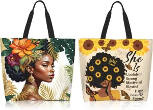 2 African American Tote Bags for Women, African Shoulder Handbag, Black Girl Bags for Travel Work Shopping Gifts