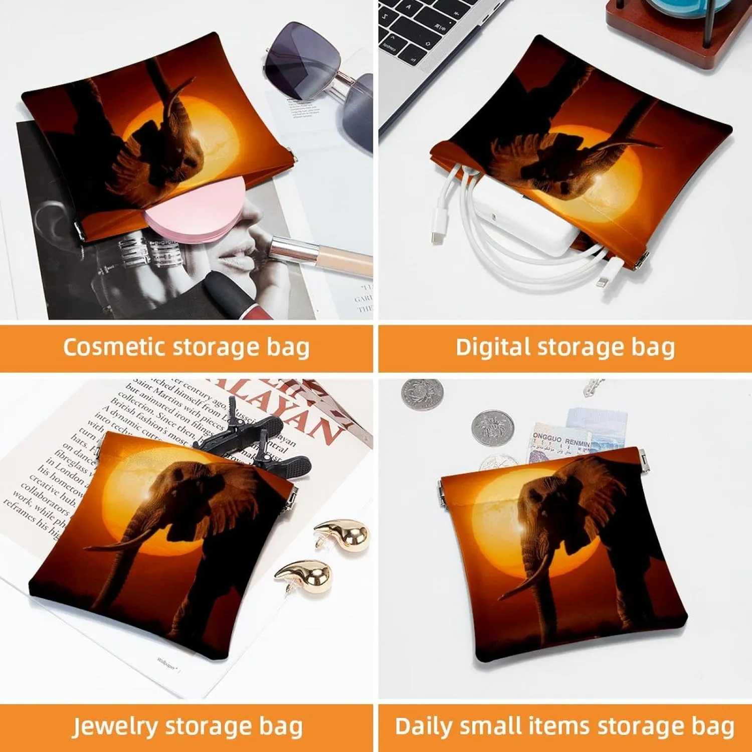 2 Pack Faux Leather Makeup Bag for Purse, Small Makeup Pouch, Mini Makeup Bag, Multifunctional Travel Storage Bag, Elephant Animal Sunset