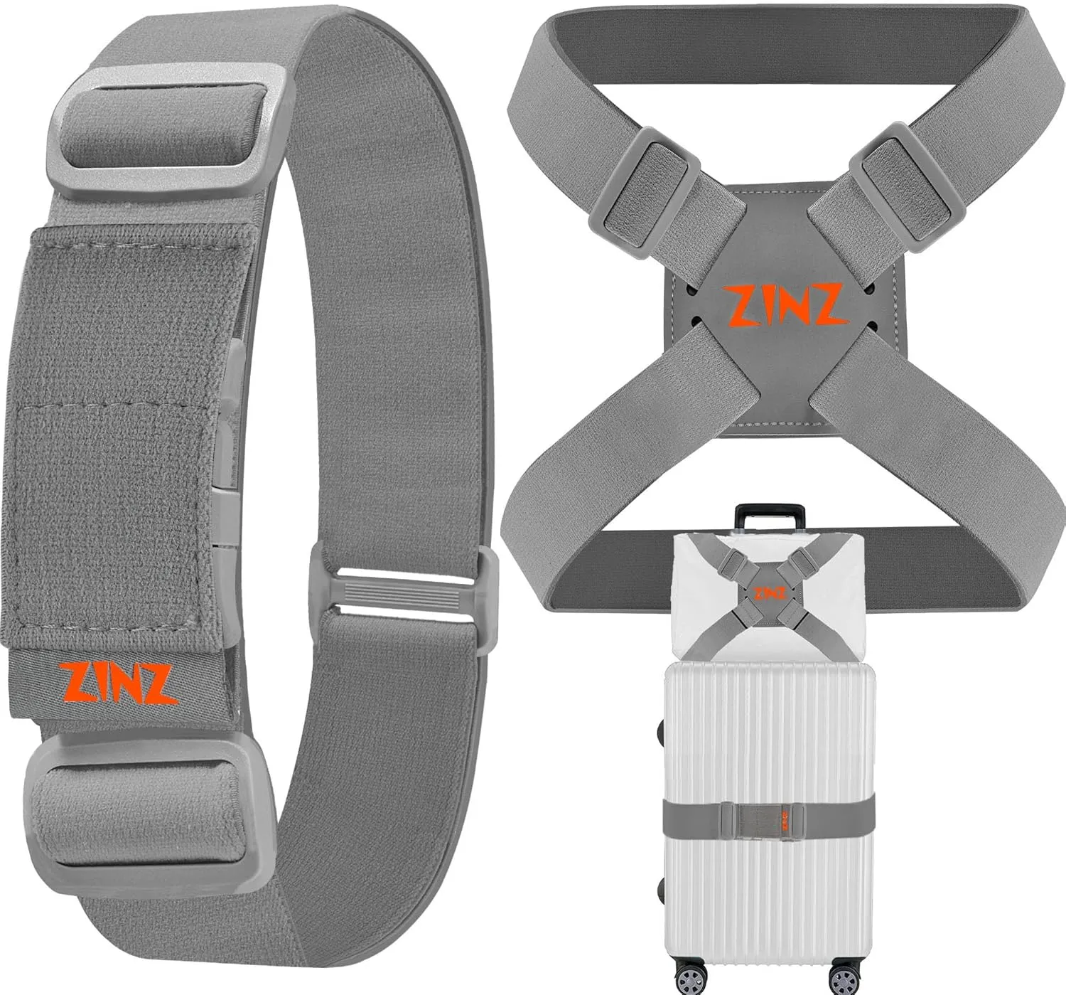 2-Pack High Elastic Luggage Strap Adjustable Travel Bag Belt Bungees for More Applications (Gray Orange Set)