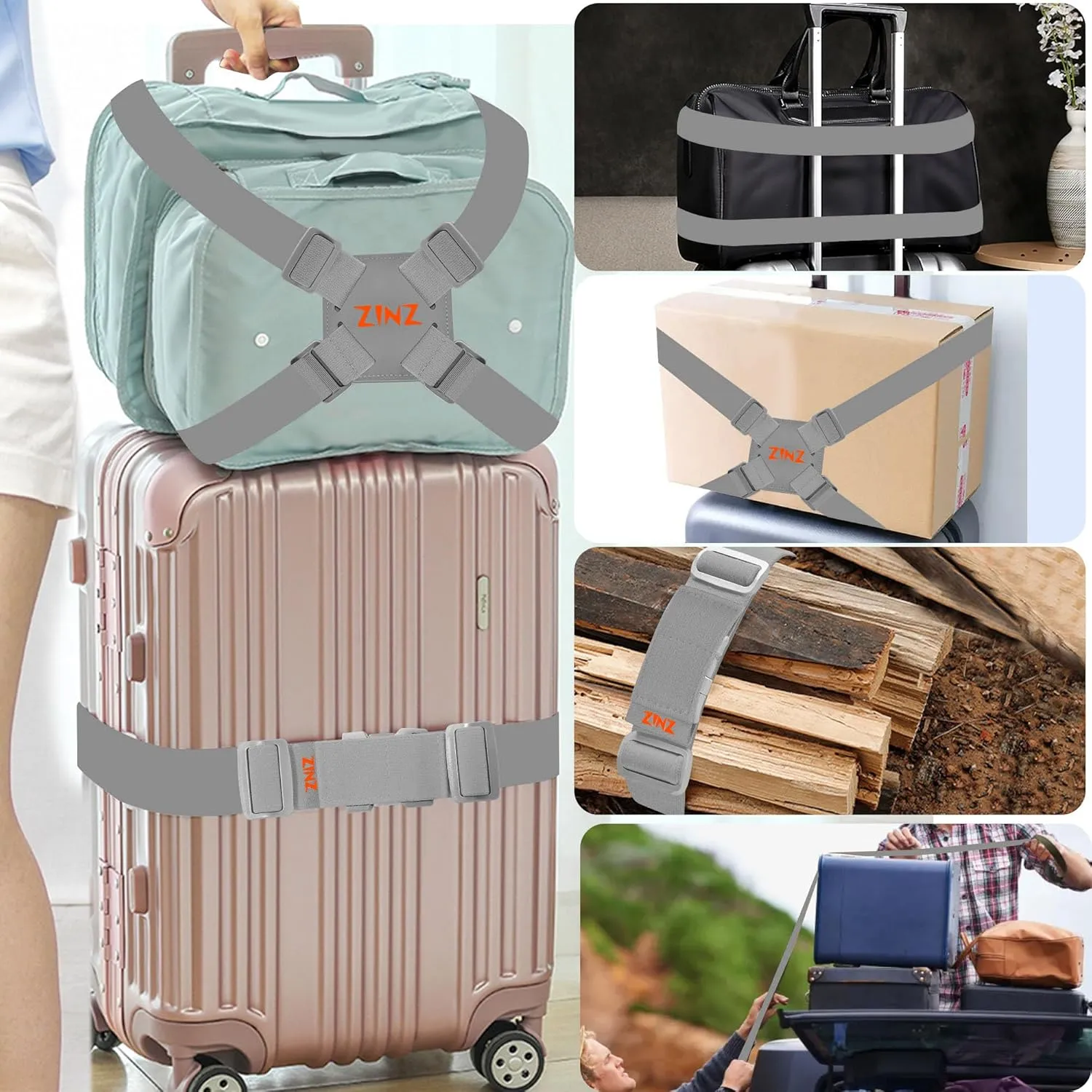 2-Pack High Elastic Luggage Strap Adjustable Travel Bag Belt Bungees for More Applications (Gray Orange Set)