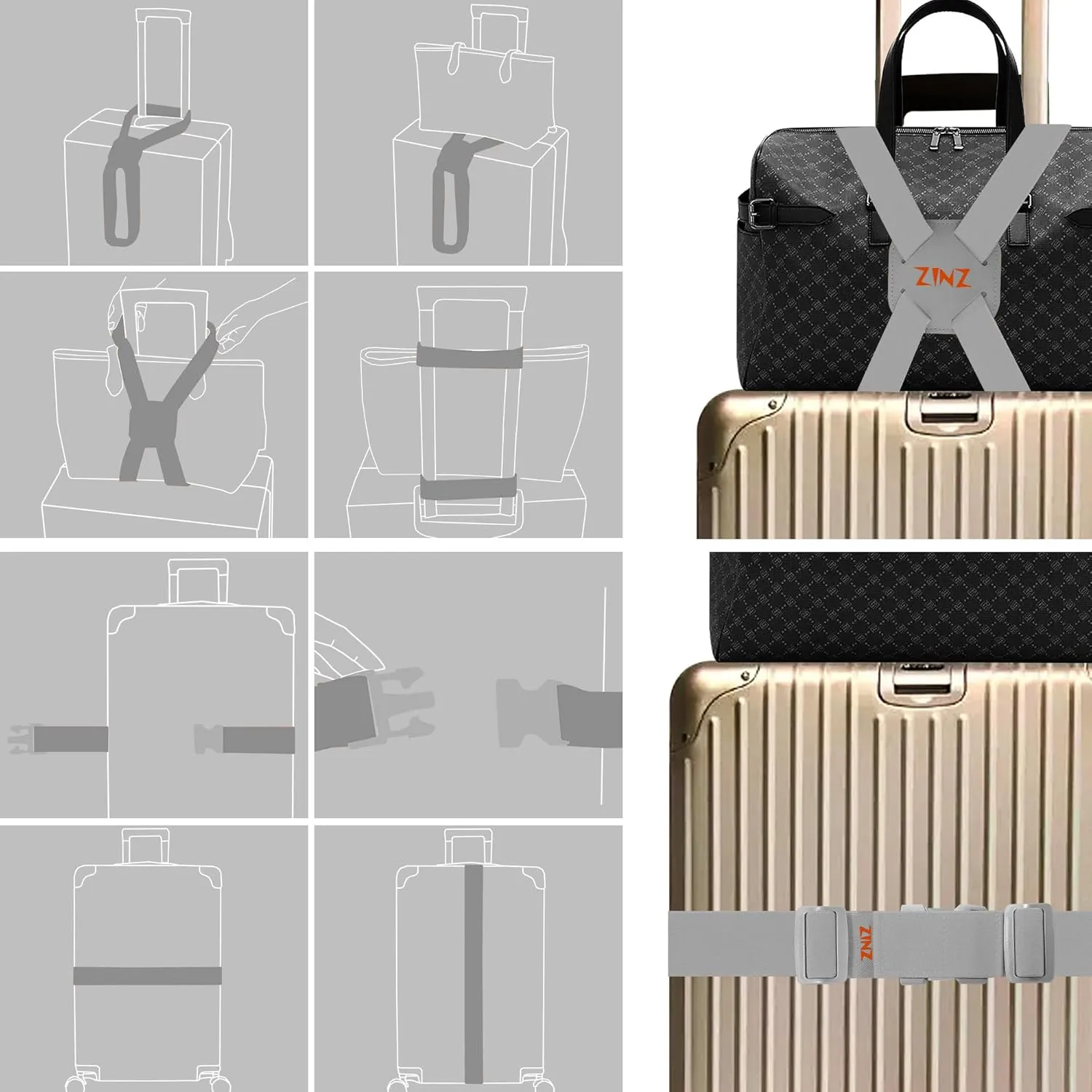 2-Pack High Elastic Luggage Strap Adjustable Travel Bag Belt Bungees for More Applications (Gray Orange Set)