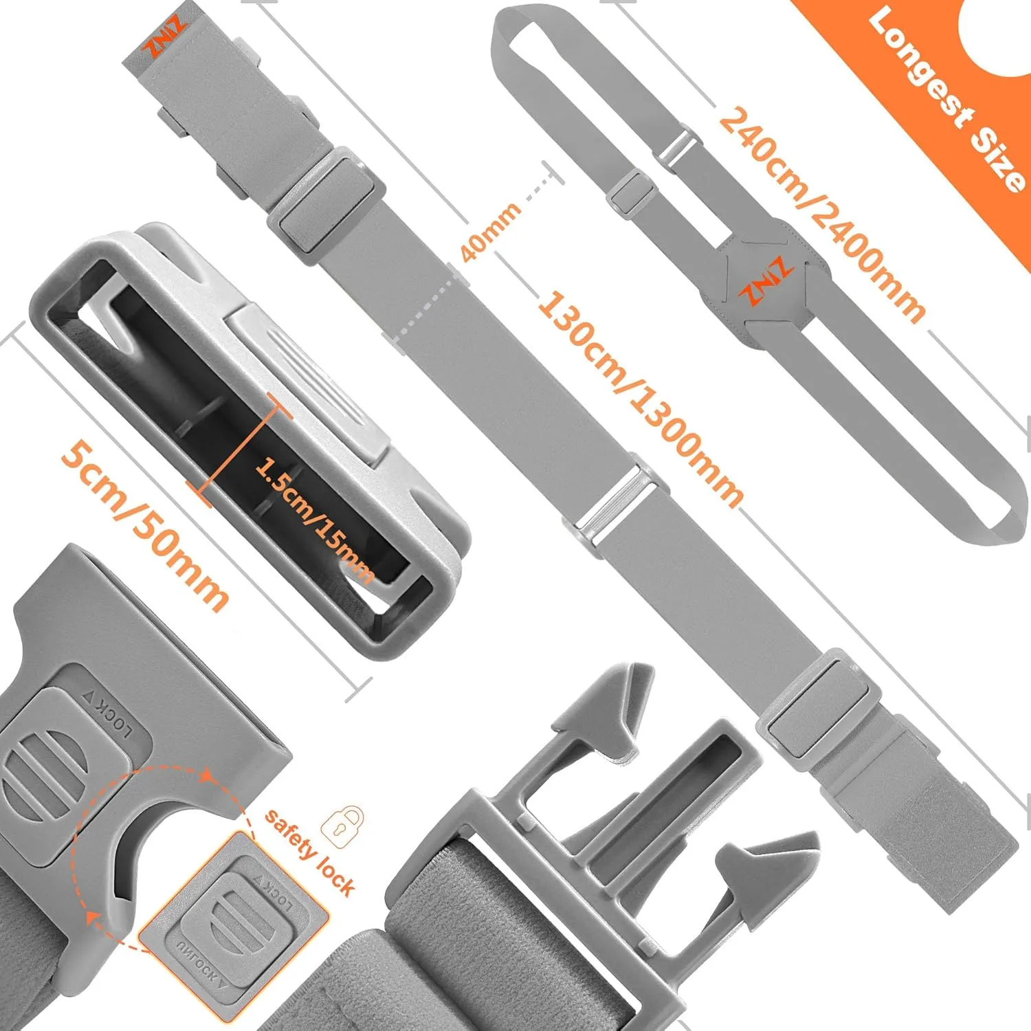 2-Pack High Elastic Luggage Strap Adjustable Travel Bag Belt Bungees for More Applications (Gray Orange Set)