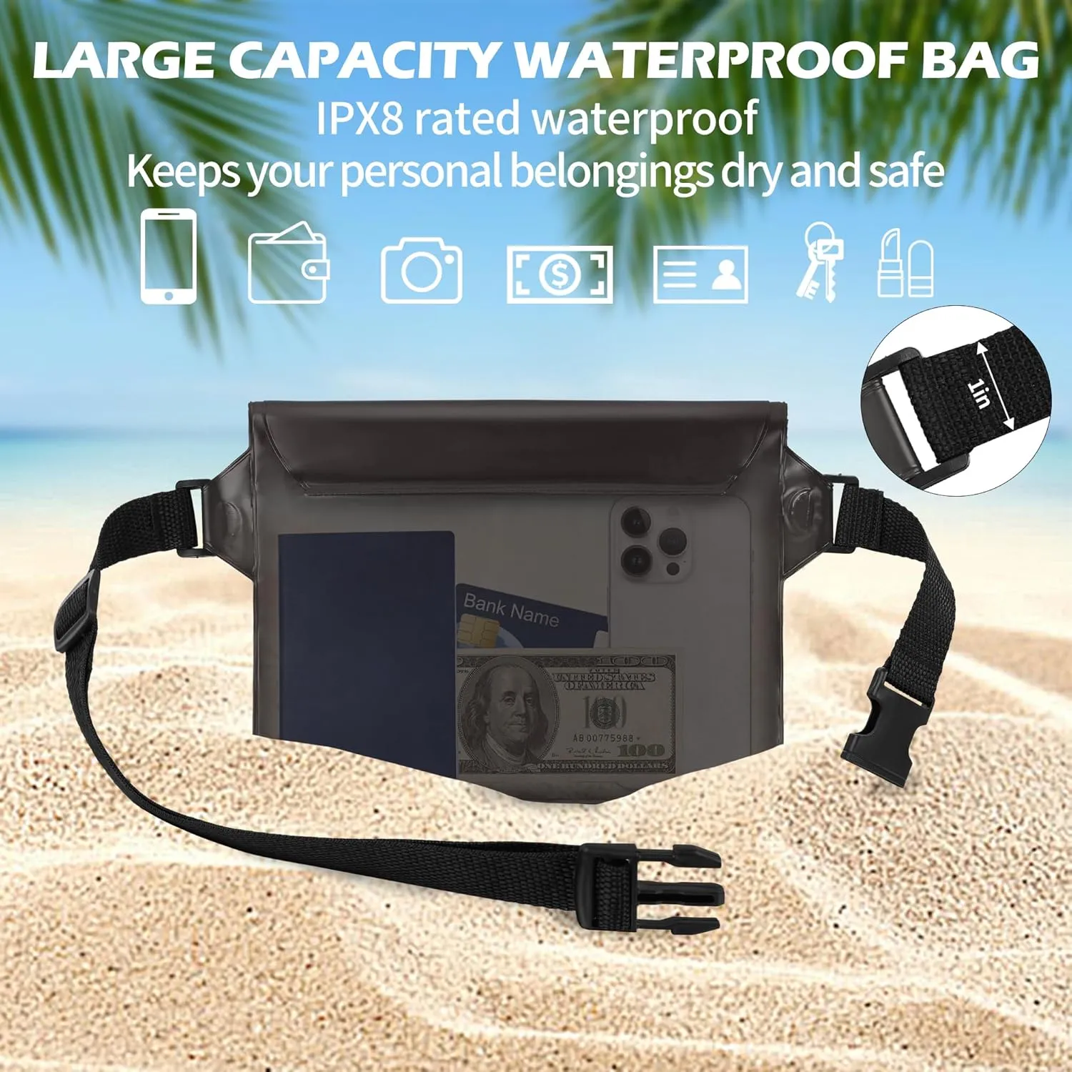 2-Pack Waterproof Pouch with Adjustable Waist Strap, Waterproof Dry Bag, Keeps Cell Phones and Valuables Safe and Dry, Perfect for Kayaking, Beach, Camping and Swimming (Black   Pink)