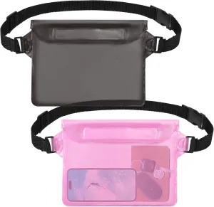 2-Pack Waterproof Pouch with Adjustable Waist Strap, Waterproof Dry Bag, Keeps Cell Phones and Valuables Safe and Dry, Perfect for Kayaking, Beach, Camping and Swimming (Black   Pink)