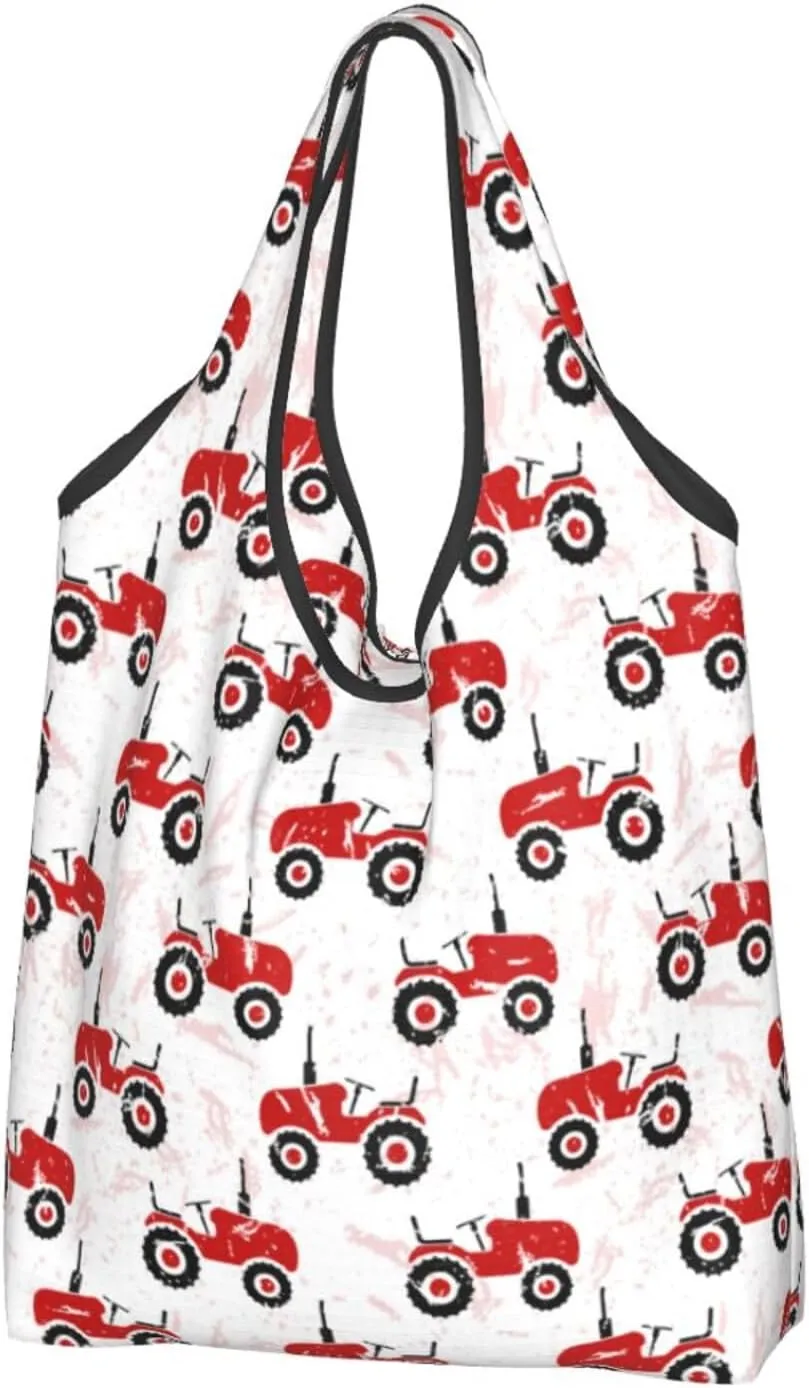 2 PCS Large Tote Bag for Women - Lightweight Red Wheeled Tractors Reusable Grocery Bags Foldable, Shopping Bags for Groceries, Cloth Bags Work Beach Travel with Handles