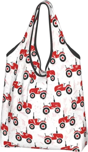 2 PCS Large Tote Bag for Women - Lightweight Red Wheeled Tractors Reusable Grocery Bags Foldable, Shopping Bags for Groceries, Cloth Bags Work Beach Travel with Handles