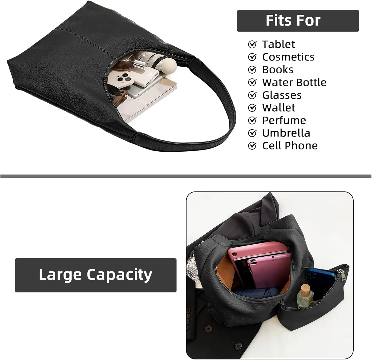 2 pcs Leather Tote Bag for Women Slouchy Hobo Bags Vegan Leather Hobo Purse Shoulder Handbag Large Crossbody Bags