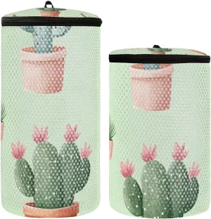 2 Pcs(S   M Size) Mesh Cylinder Laundry Bags Cactus Green Lovely Polyester Reusable Machine Washable Mesh Bags, Dirty Bag for Home Travel