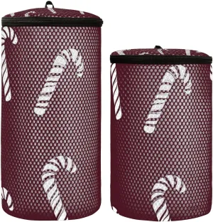 2 Pcs(S   M Size) Mesh Cylinder Laundry Bags Christmas Red Candy Polyester Reusable Machine Washable Mesh Bags, Dirty Bag for Home Travel