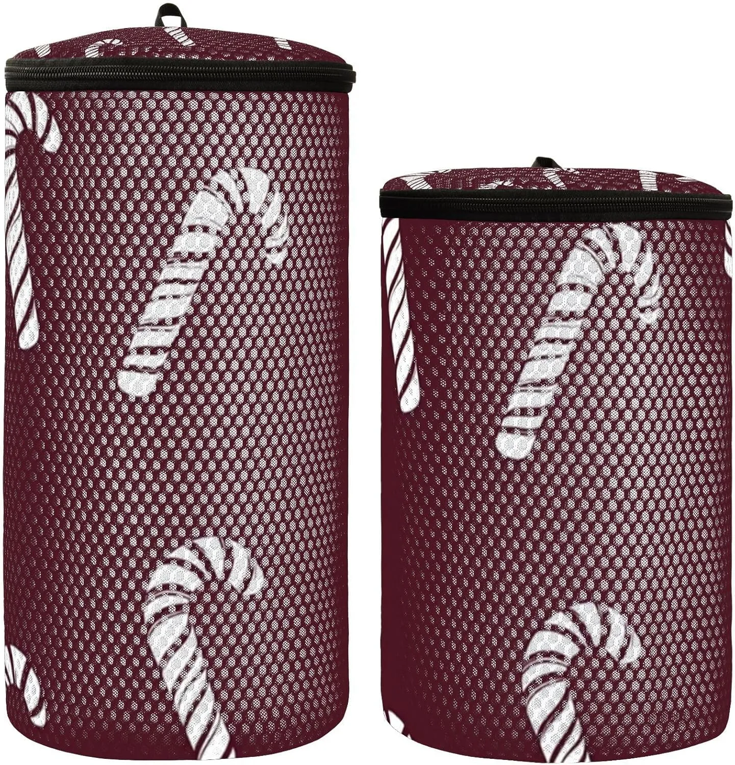 2 Pcs(S   M Size) Mesh Cylinder Laundry Bags Christmas Red Candy Polyester Reusable Machine Washable Mesh Bags, Dirty Bag for Home Travel