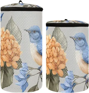 2 Pcs(S   M Size) Mesh Cylinder Laundry Bags Orange Hydrangea and Bird Polyester Reusable Machine Washable Mesh Bags, Dirty Bag for Home Travel