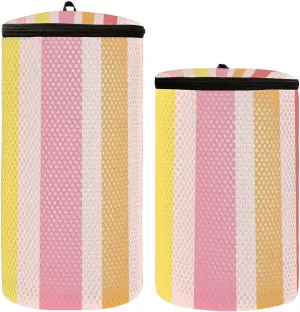 2 Pcs(S   M Size) Mesh Cylinder Laundry Bags Pink Yellow Stripes Polyester Reusable Machine Washable Mesh Bags, Dirty Bag for Home Travel