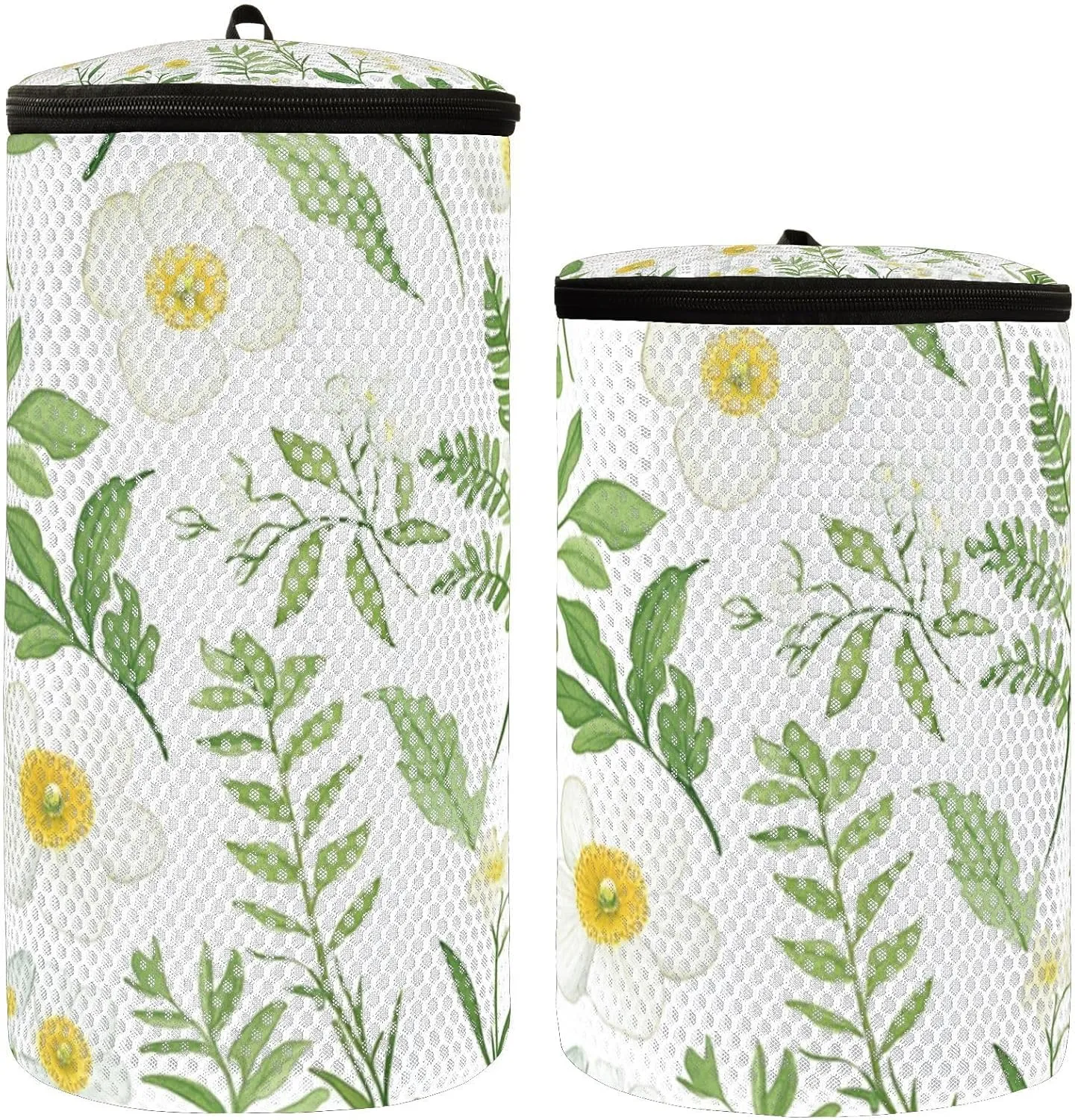 2 Pcs(S   M Size) Mesh Cylinder Laundry Bags Simple Little Daisy Leaves Polyester Reusable Machine Washable Mesh Bags, Dirty Bag for Home Travel