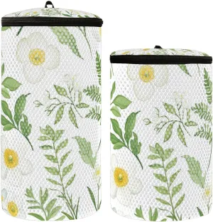 2 Pcs(S   M Size) Mesh Cylinder Laundry Bags Simple Little Daisy Leaves Polyester Reusable Machine Washable Mesh Bags, Dirty Bag for Home Travel