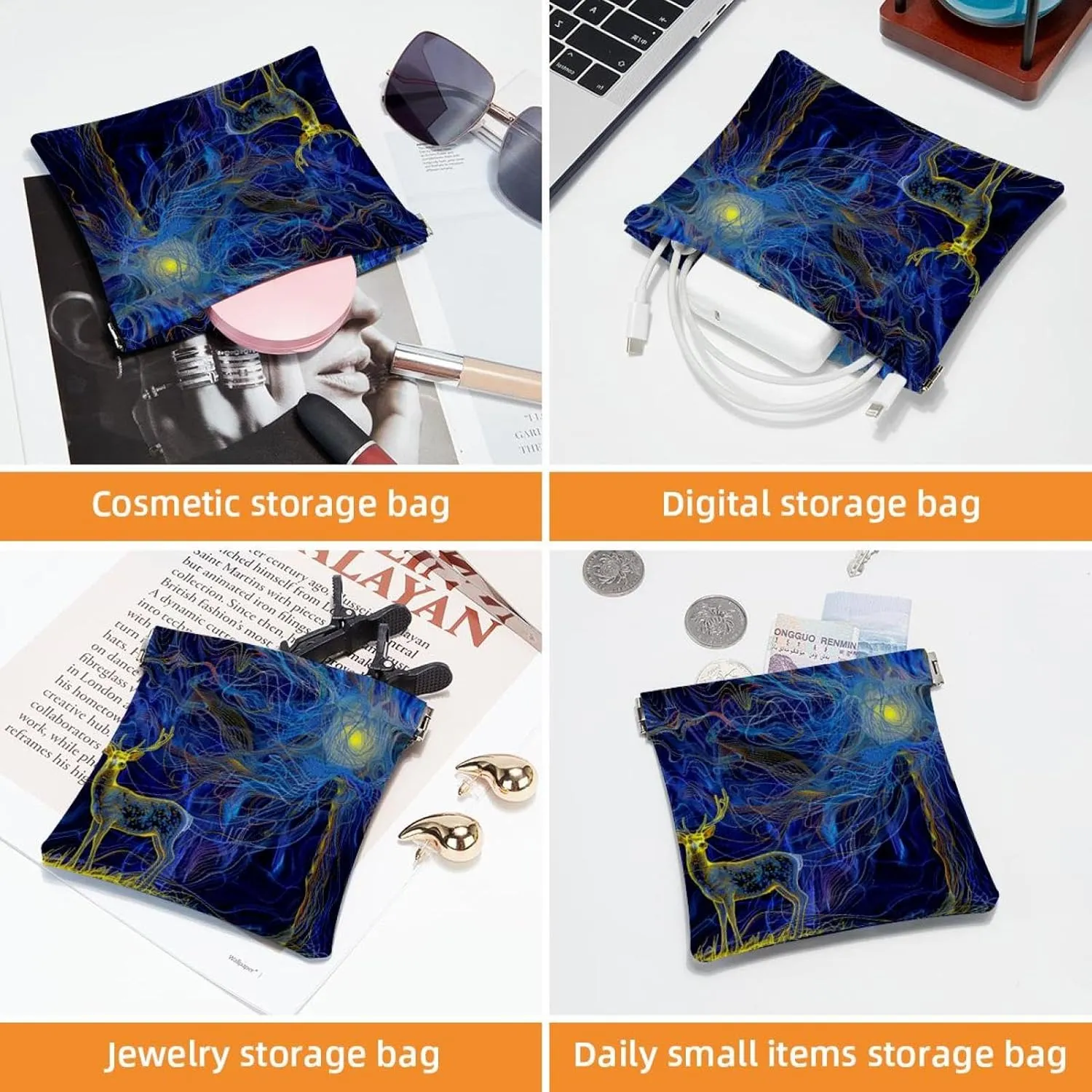 2 Piece Faux Leather Makeup Bag Set, Small Makeup Pouch for Purse, Self-Closing Makeup Pouch for Women, Mini Pocket Makeup Bag for Lipstick, Night Moon Elk