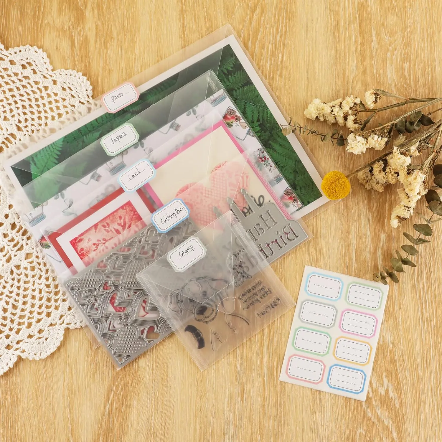 20 Pieces Clear Die & Stamp Plastic Storage Bag, Resealable Large Envelope Pocket for DIY Scrapbooking Paper Card Craft Making and Cutting Dies Stencil (4.75"x4.75")