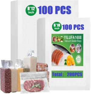 200 Pcs Vacuum Sealer Bags Food Saver Bag 2 Sizes (6"x10" & 8"x12") Freezer Bags,Commercial Grade, BPA Free,Pre Cut, Airtight Seal for Food Storage, Sous Vide, Freezer & All Clamp Style Machines