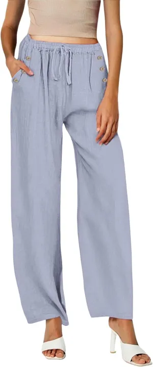 2025 Linen Pants Women Summer Beach Lounge Palazzo Trousers Loose Elastic Plus Size Drawstring with Pockets Pants