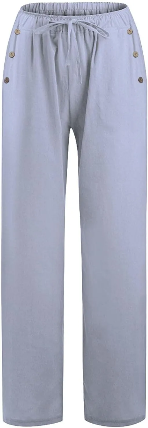 2025 Linen Pants Women Summer Beach Lounge Palazzo Trousers Loose Elastic Plus Size Drawstring with Pockets Pants