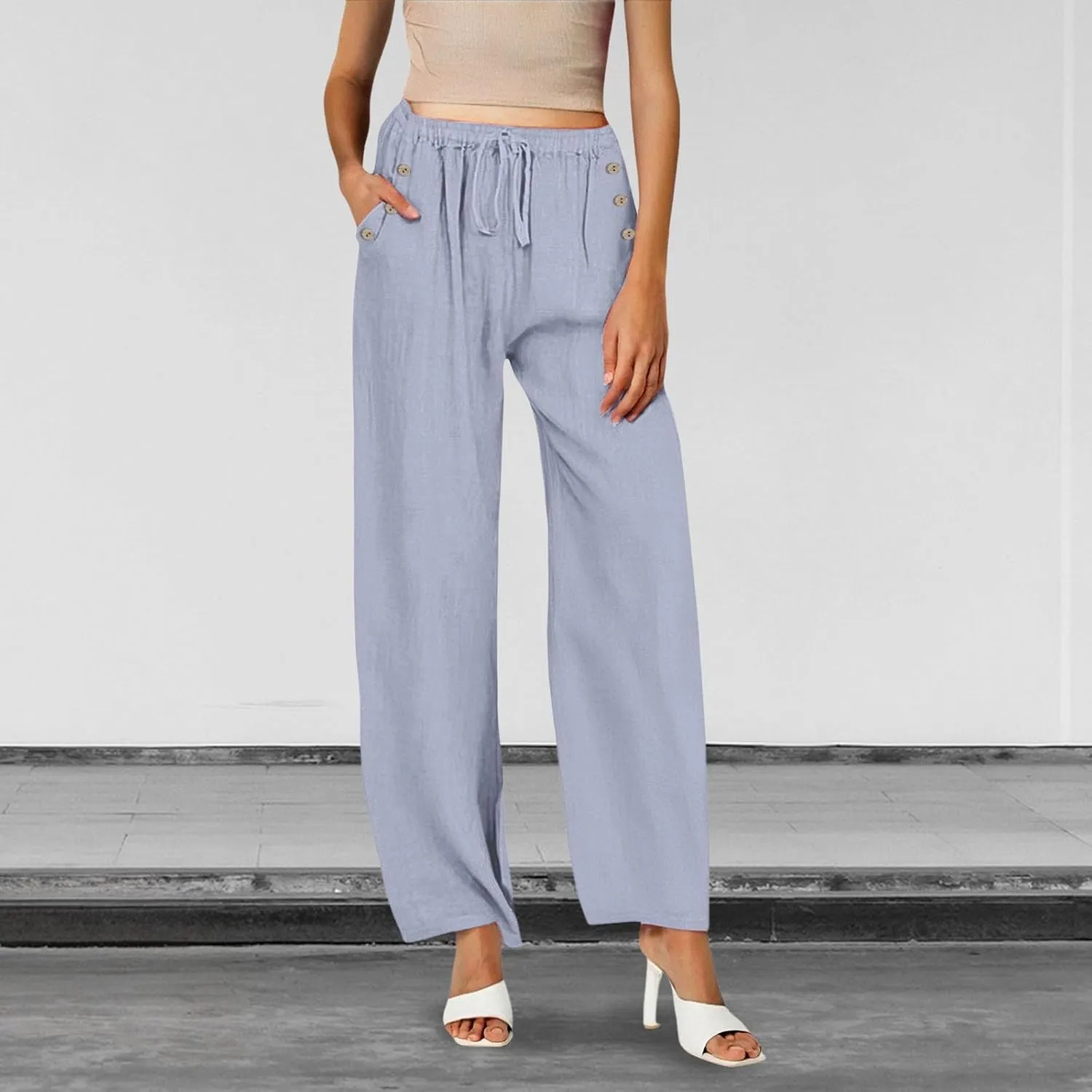 2025 Linen Pants Women Summer Beach Lounge Palazzo Trousers Loose Elastic Plus Size Drawstring with Pockets Pants