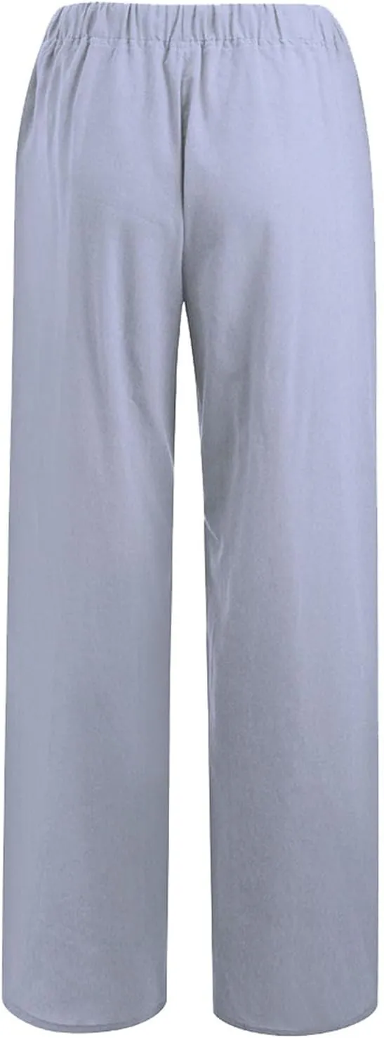 2025 Linen Pants Women Summer Beach Lounge Palazzo Trousers Loose Elastic Plus Size Drawstring with Pockets Pants