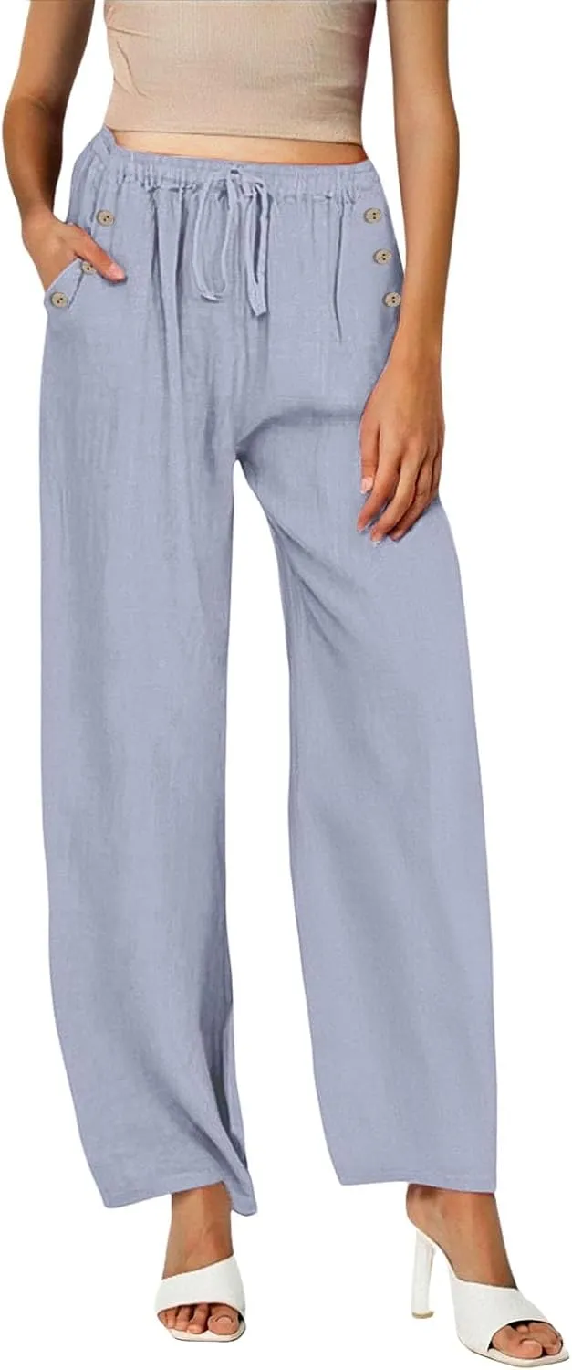 2025 Linen Pants Women Summer Beach Lounge Palazzo Trousers Loose Elastic Plus Size Drawstring with Pockets Pants