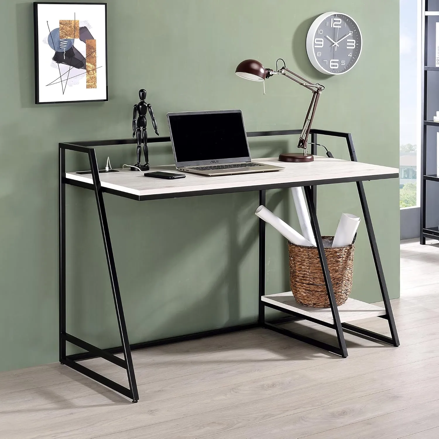 24/7 Shop at Home Kestrel Industrial 1 Shelf Metal Writing Desk with USB Port, Power Outlet for Workstation, Home Office, Study Room, Antique White and Matte Black