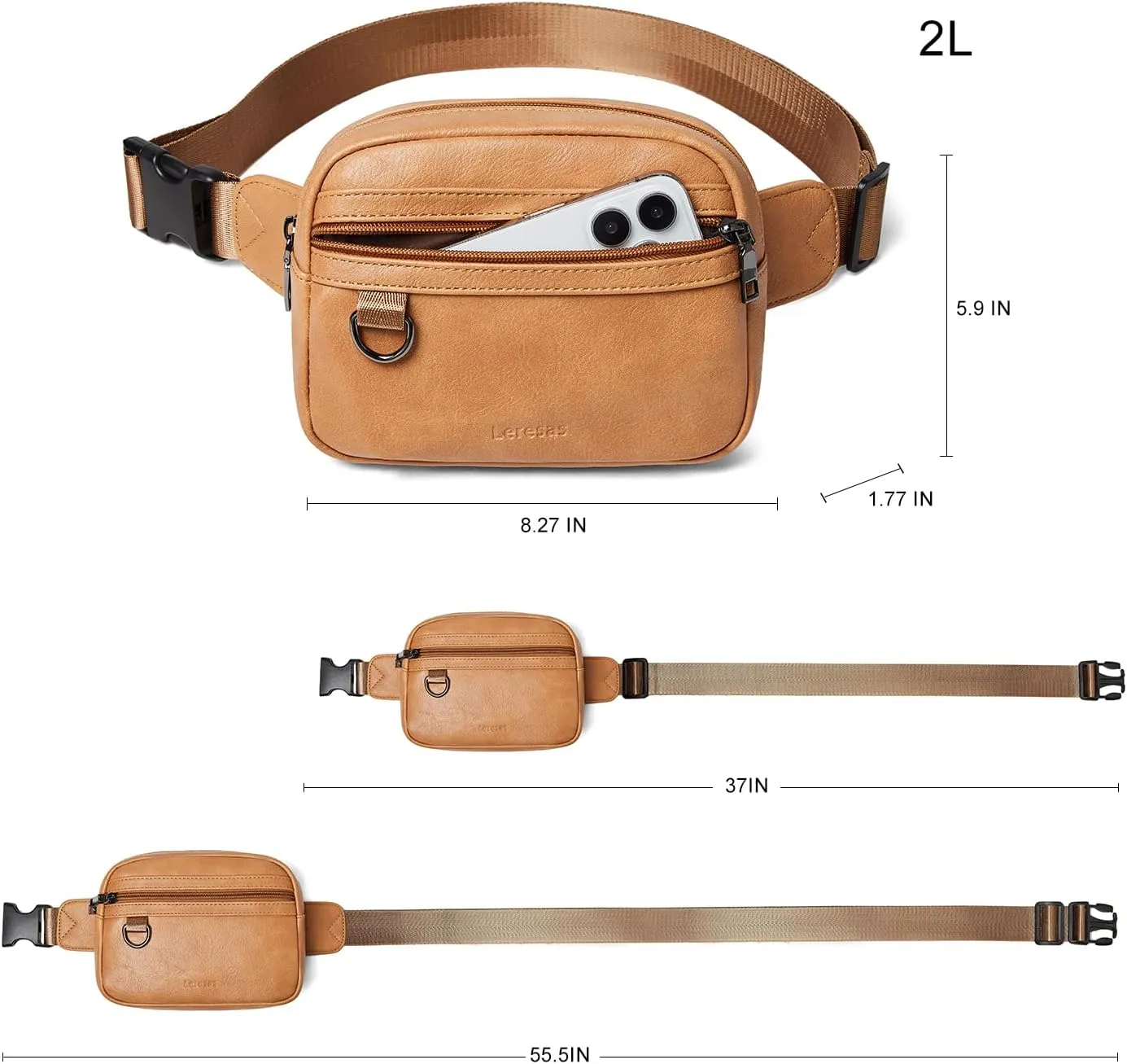 2L Fanny Packs for Women Cross Body Belt Bag Vegan Leather Chic Waist Pack Crossbody Waist Bag Travel Running Tan
