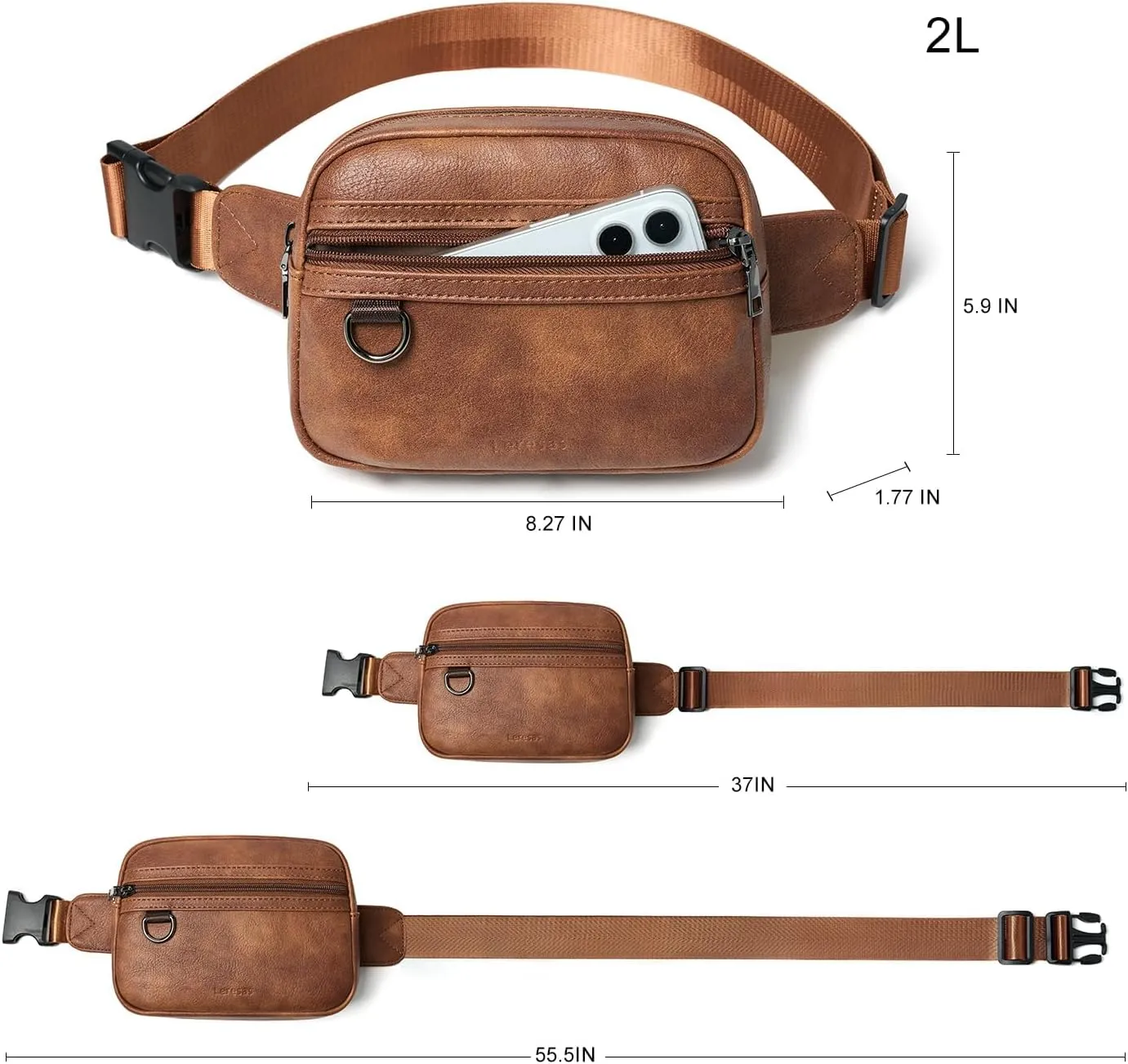 2L Fanny Packs for Women Men Everywhere Belt Bag Vegan Leather Chic Waist Pack Crossbody Chest Bag Travel Hiking Brown