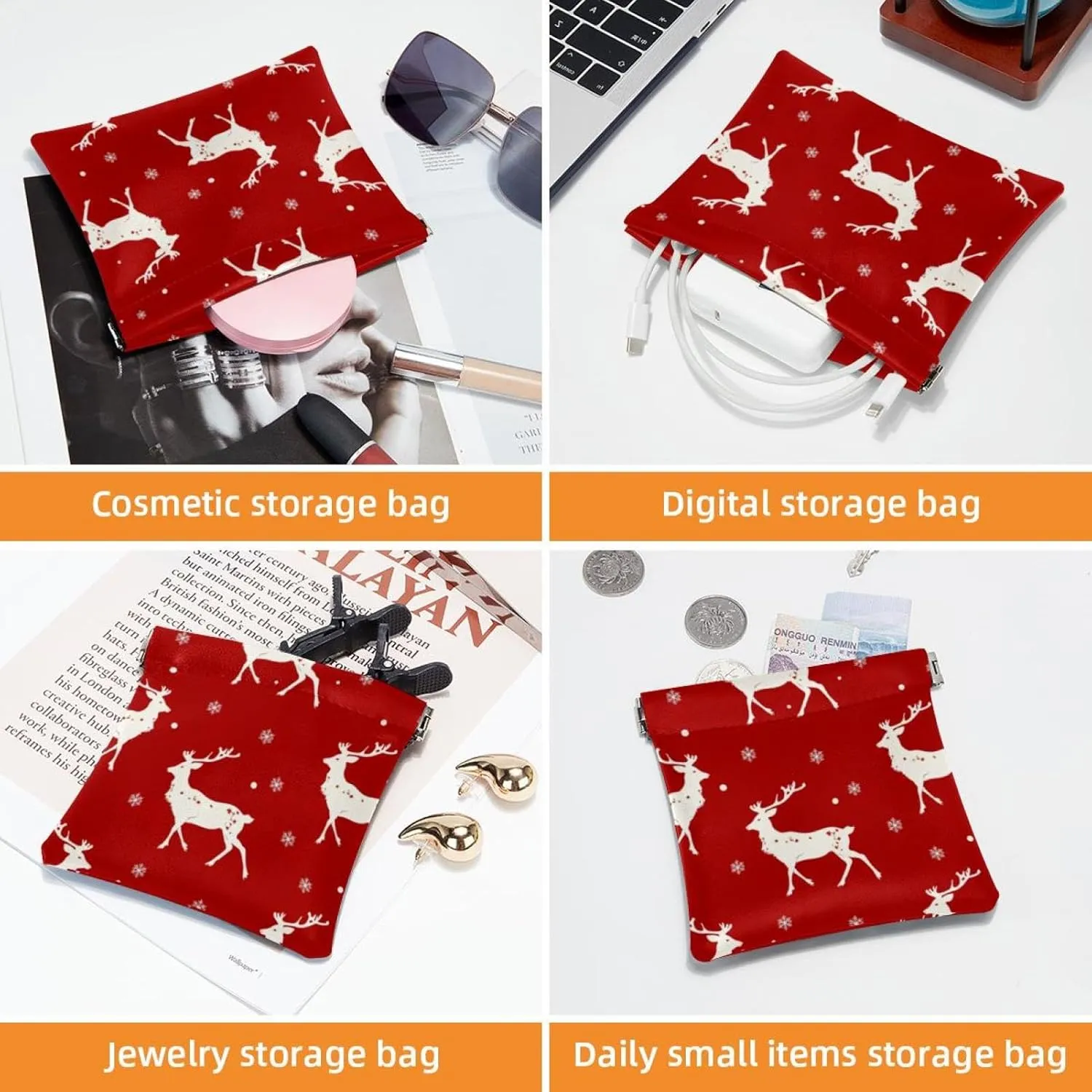 2Pcs Faux Leather Pocket Box, Small Travel Kit Storage Pouch, Waterproof Mini Bag Purse, Multifunctional Travel Storage Bag, Christmas Elk Snowflake Red