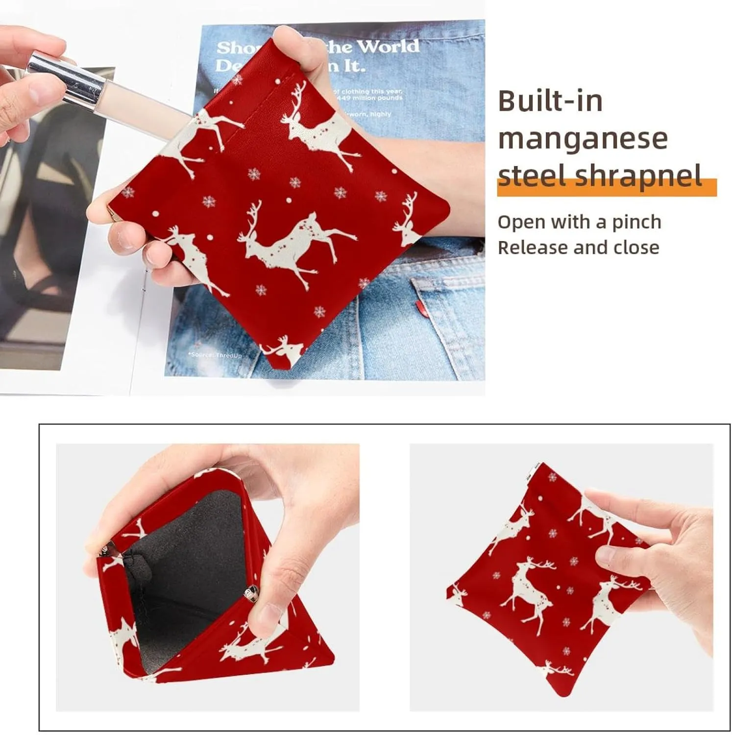 2Pcs Faux Leather Pocket Box, Small Travel Kit Storage Pouch, Waterproof Mini Bag Purse, Multifunctional Travel Storage Bag, Christmas Elk Snowflake Red