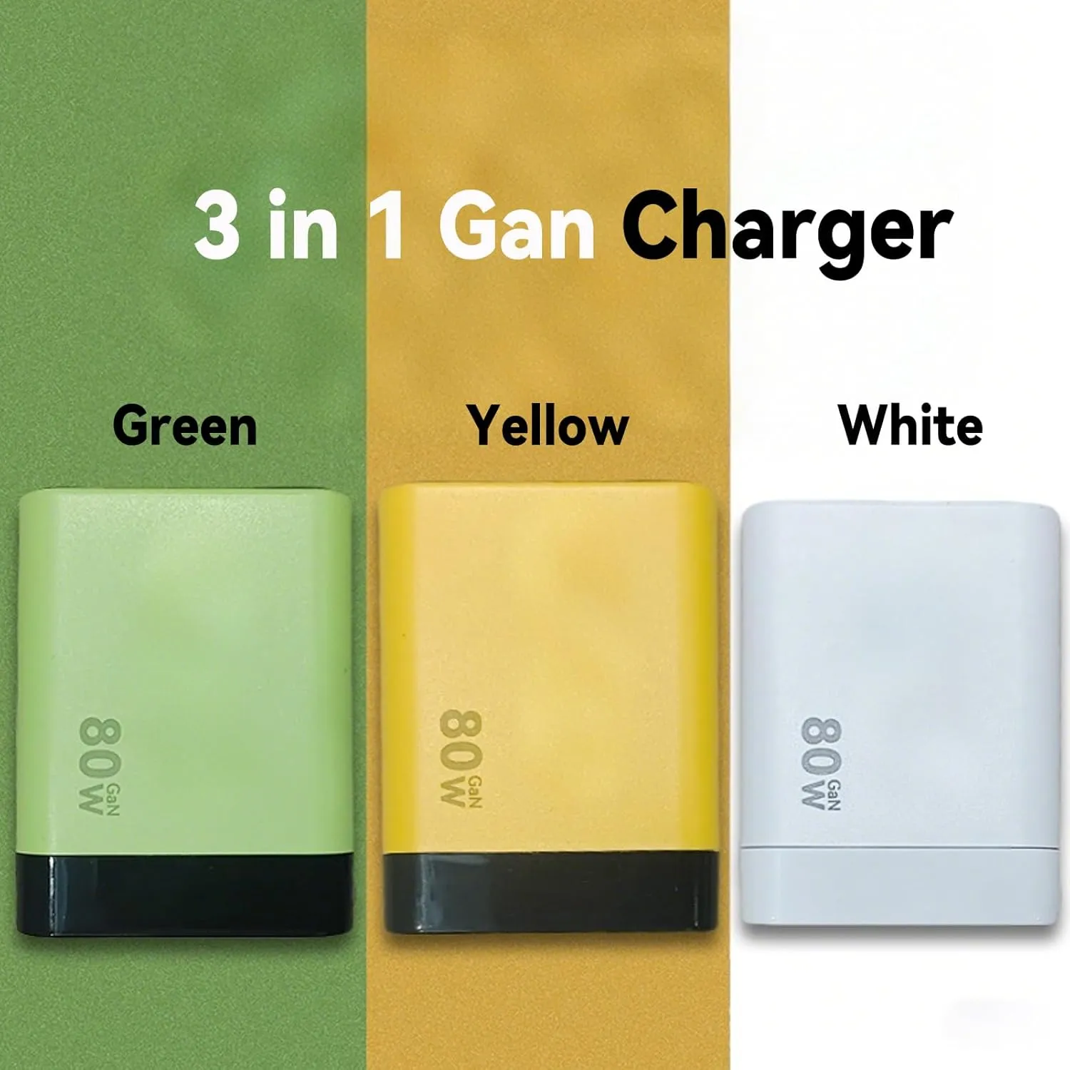 3 in 1 Gan Charger, Expandable 80W MAX Fast Charger Module with Type-C Cable and 2 USB Ports, 31 inches Charging Cable Adjustable Length (Green)