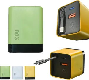 3 in 1 Gan Charger, Expandable 80W MAX Fast Charger Module with Type-C Cable and 2 USB Ports, 31 inches Charging Cable Adjustable Length (Green)