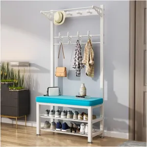 3-in-1 Hall Tree Coat Rack with Shoe Stool with Storage and Hooks for Home Bedroom Laundry Small Place Entryway (Color : White Blue, Size : 80x33x172cm)
