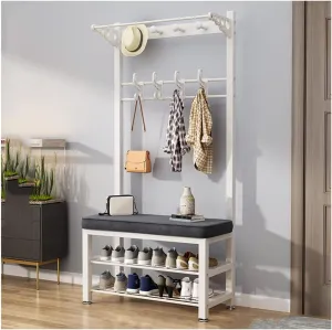 3-in-1 Hall Tree Coat Rack with Shoe Stool with Storage and Hooks for Home Bedroom Laundry Small Place Entryway