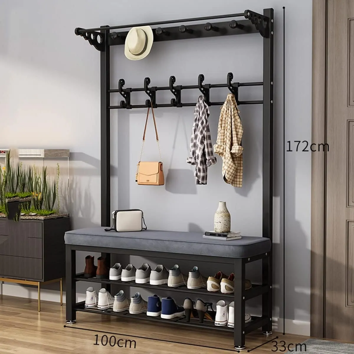 3-in-1 Hall Tree Coat Rack with Shoe Stool with Storage and Hooks for Home Bedroom Laundry Small Place Entryway