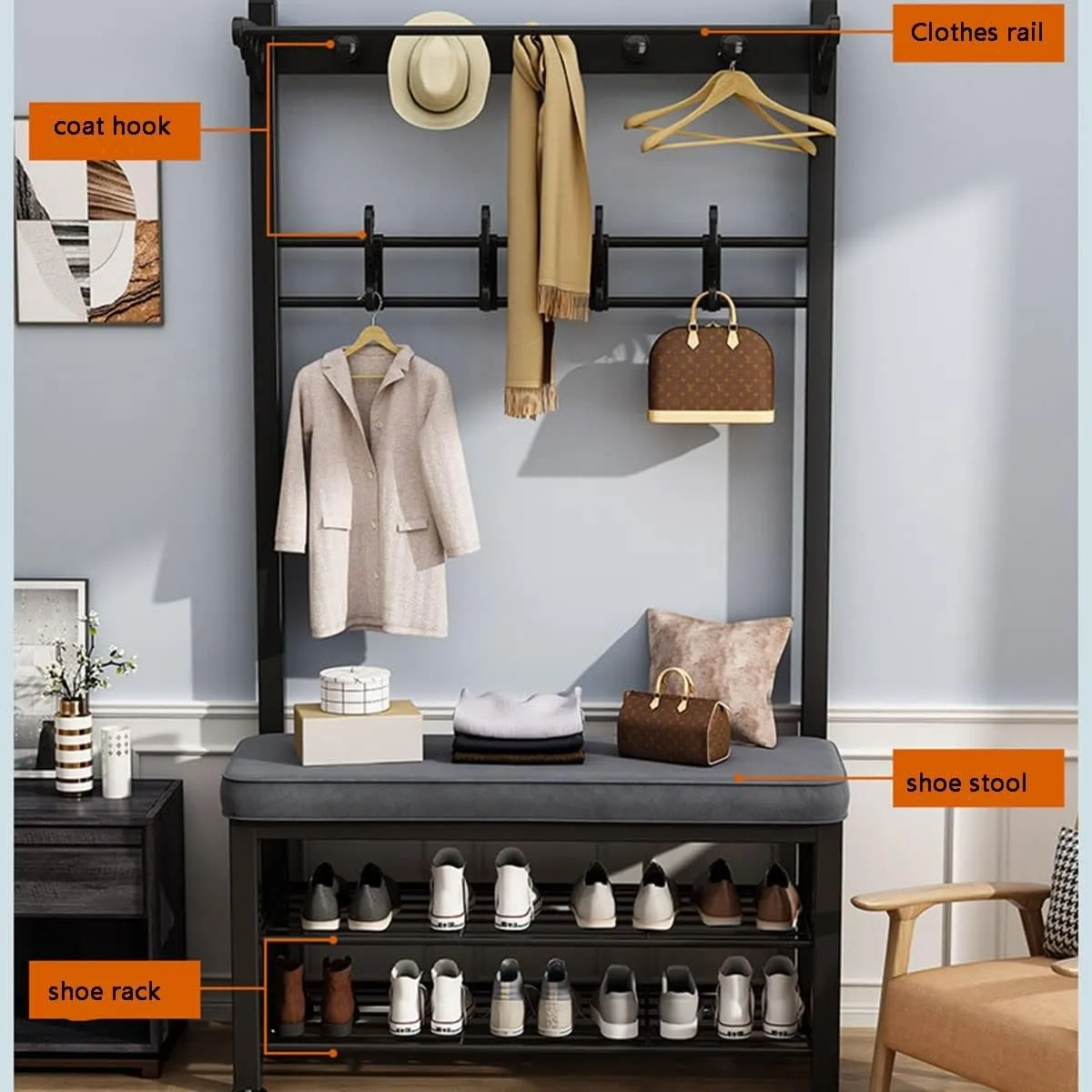 3-in-1 Hall Tree Coat Rack with Shoe Stool with Storage and Hooks for Home Bedroom Laundry Small Place Entryway
