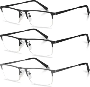 3-Pack Reading Glasses for Men, Lightweight Metal Half Frame Blue Light Blocking Computer Readers, Stylish Filter UV Ray/Computer Glare with Spring Hinge Eyeglasses(2PCS Black 1PCS Gray, 1.0)